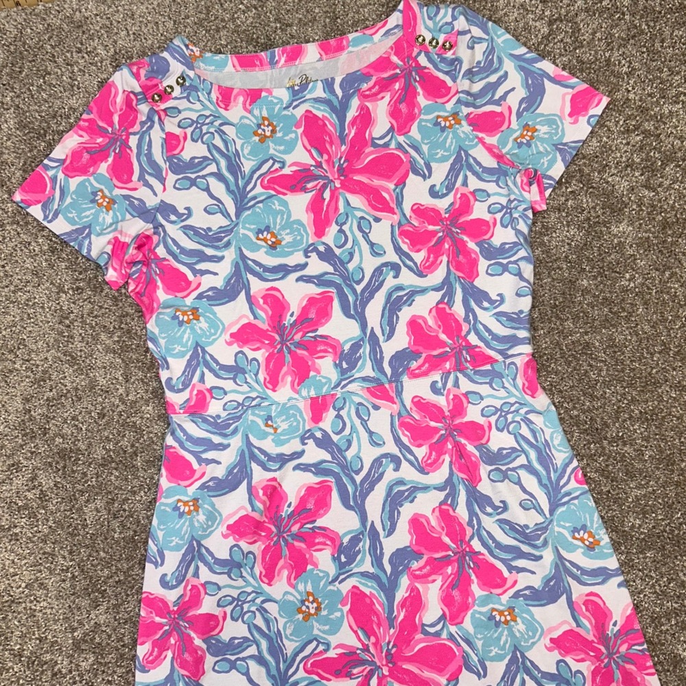 Lilly Pulitzer Bray Dress Beachside Haven Women Size Medium UPF 50+ Pink Blue